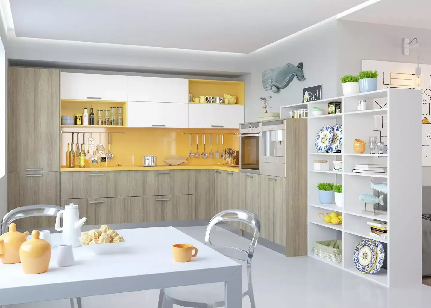 угловая кухня с желтыми акцентами