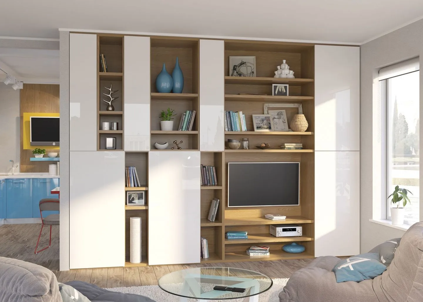 стеллаж с нишей под телевизор в гостиной