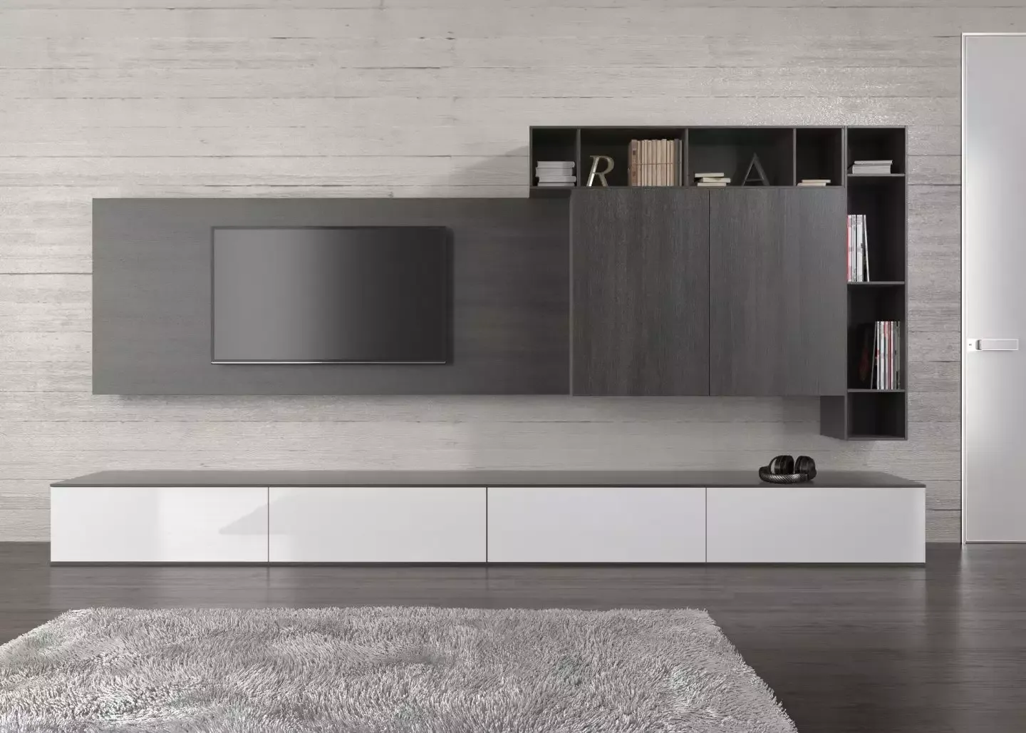 Современная стенка под тв в гостиную серого цвета, мебель на заказ MrDoors