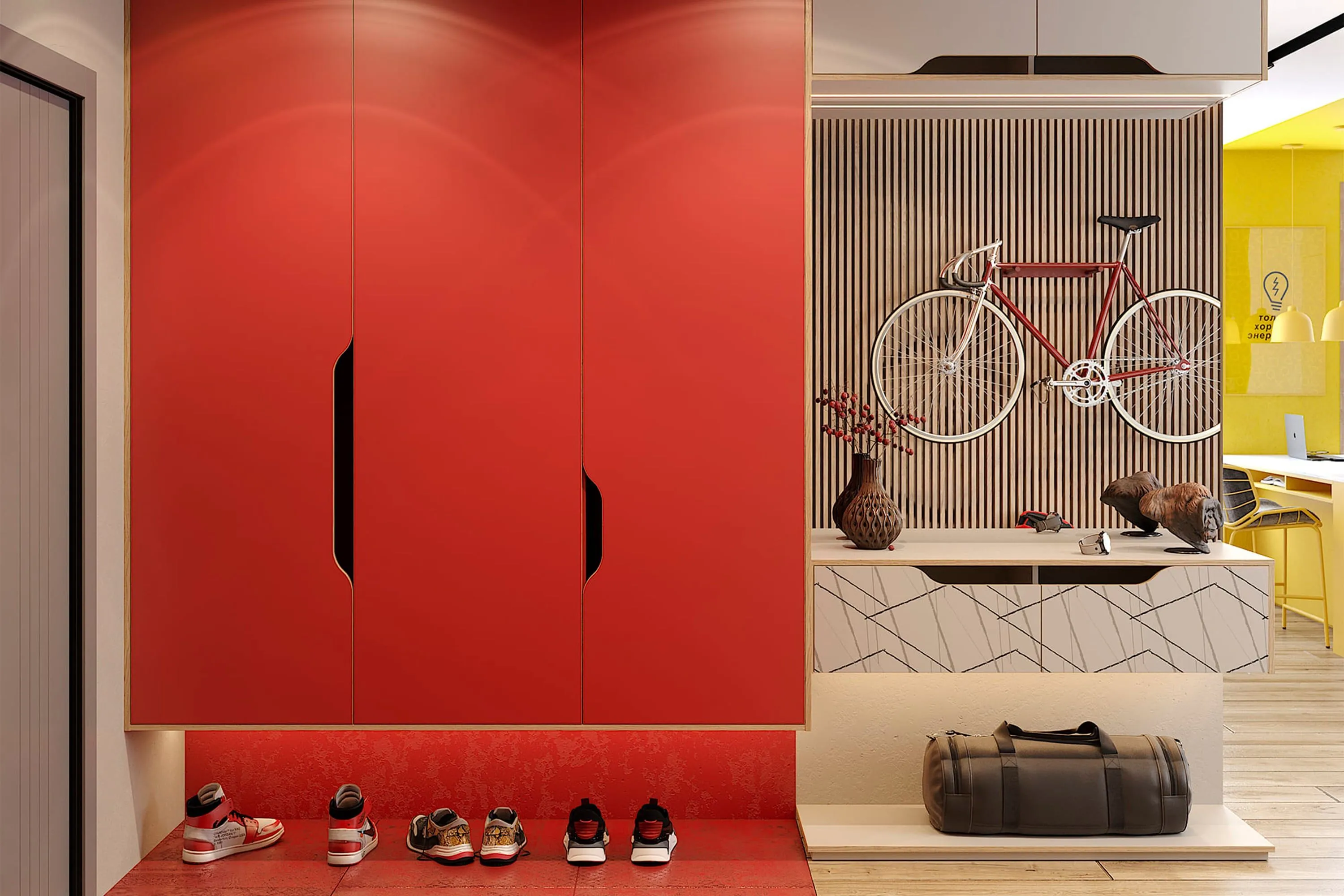 Прихожая из ЛДСП в красном декоре, мебель на заказ MrDoors