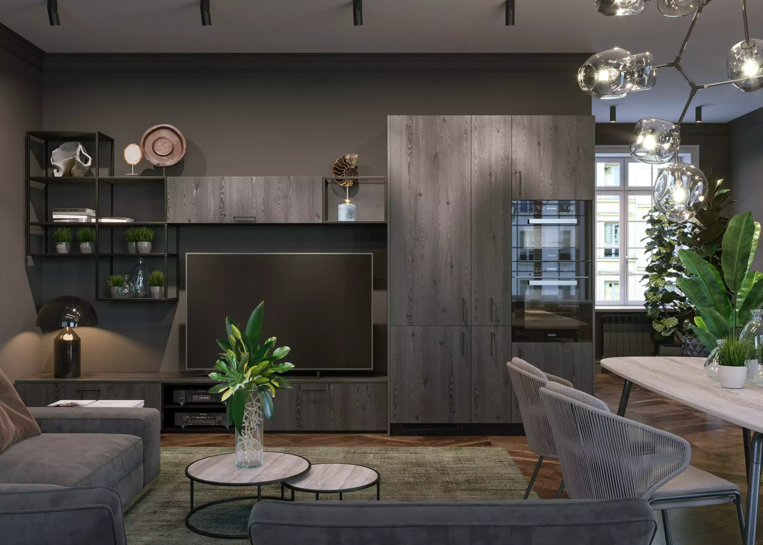 фото интерьера гостиной с кухней в серых тонах, мебель на заказ MrDoors