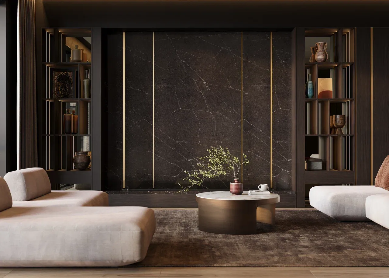 Гостиная с кварцелановыми стеновыми панелями (арт. Lvr299), мебель на заказ MrDoors