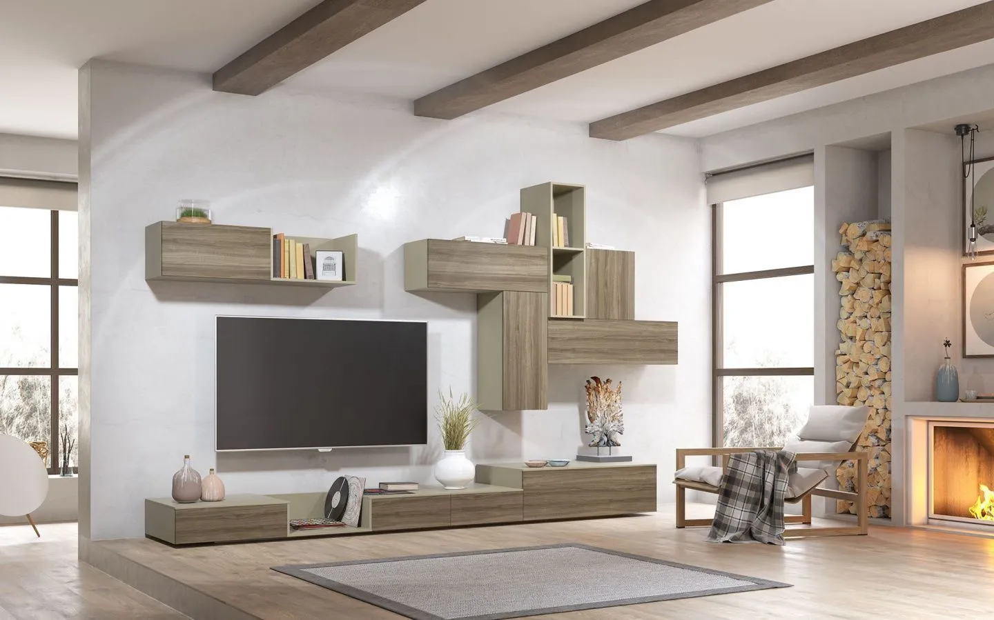 интерьер гостиной с камином и телевизором