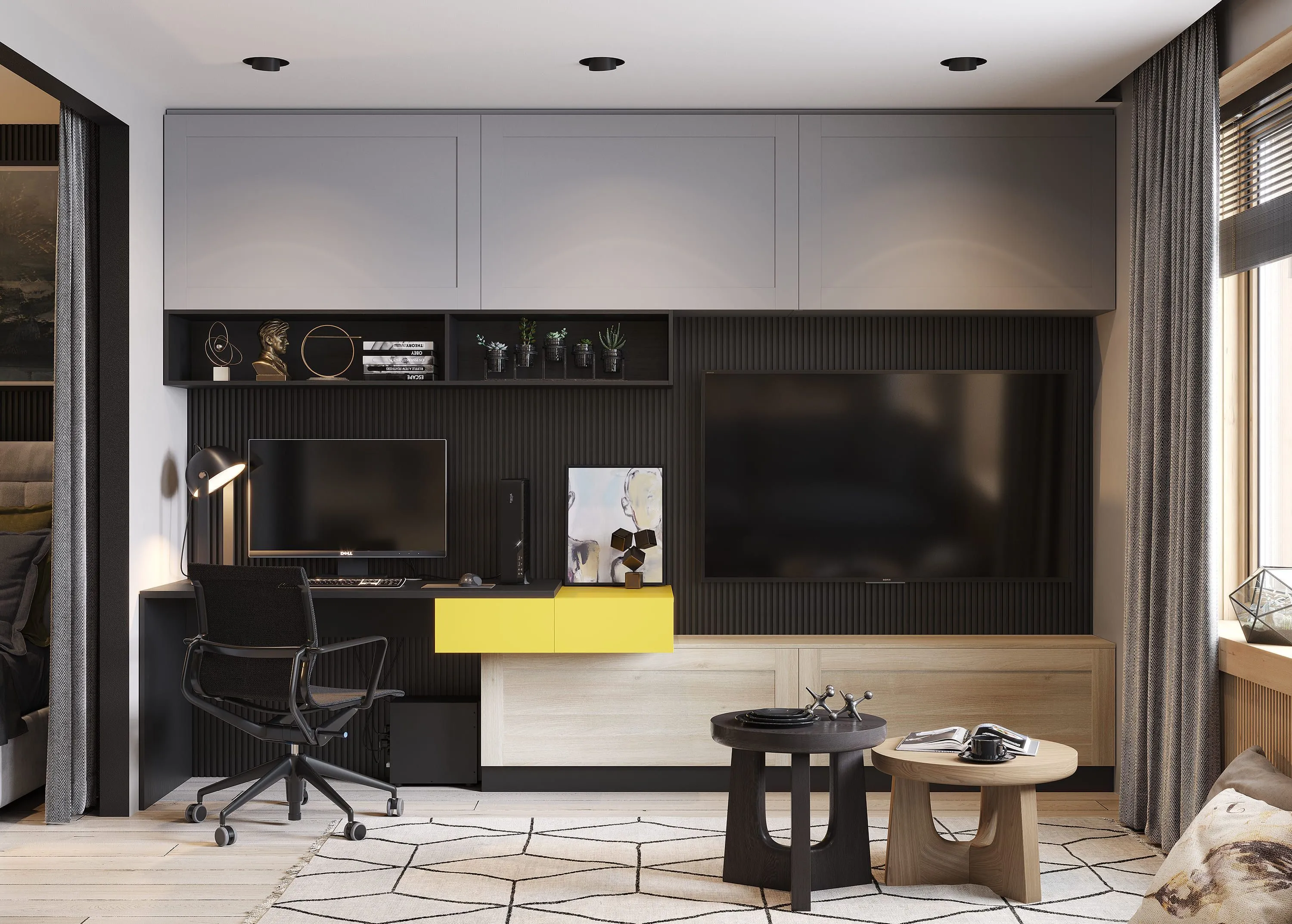 Гостиная с ТВ-зоной и рабочим местом, мебель на заказ MrDoors