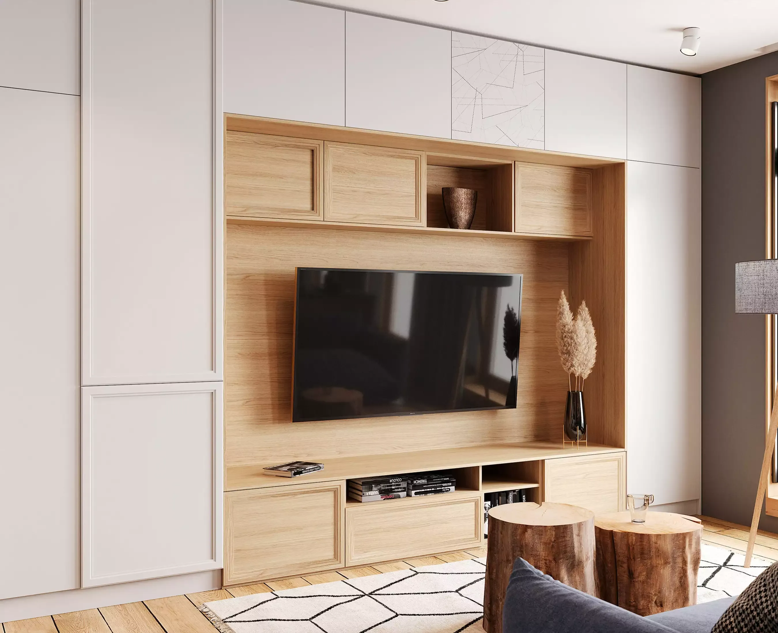 Гостиная для дома с гладкими матовыми фасадами, мебель на заказ MrDoors