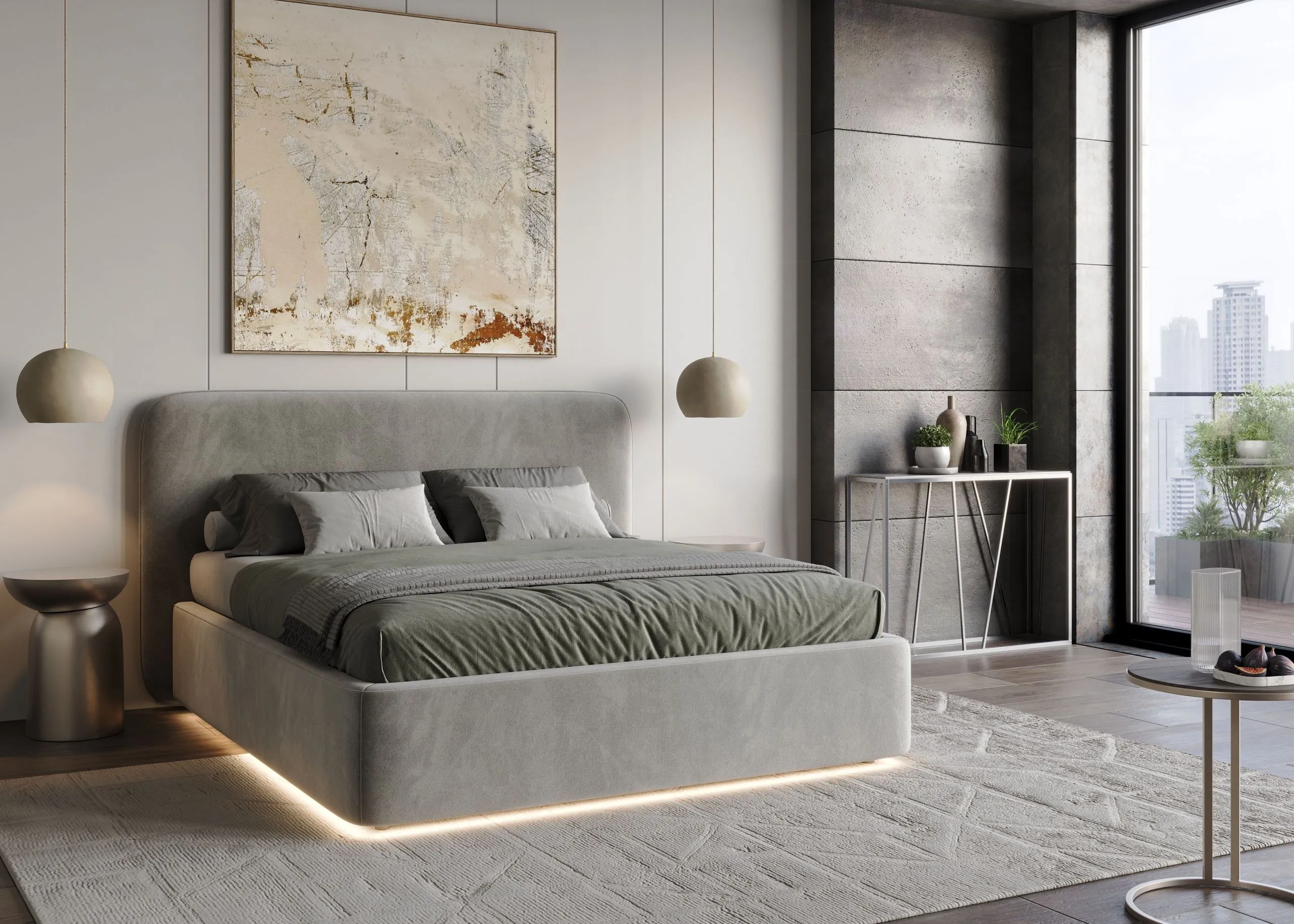 Спальня с кроватью c подсветкой, серая (арт. Bdr121), мебель на заказ MrDoors
