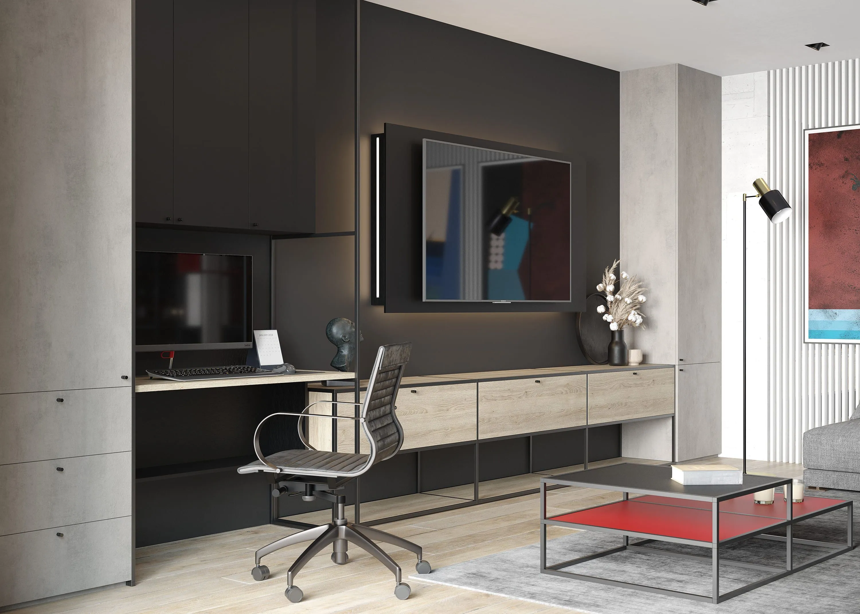 Стильная гостиная с рабочим местом, мебель на заказ MrDoors