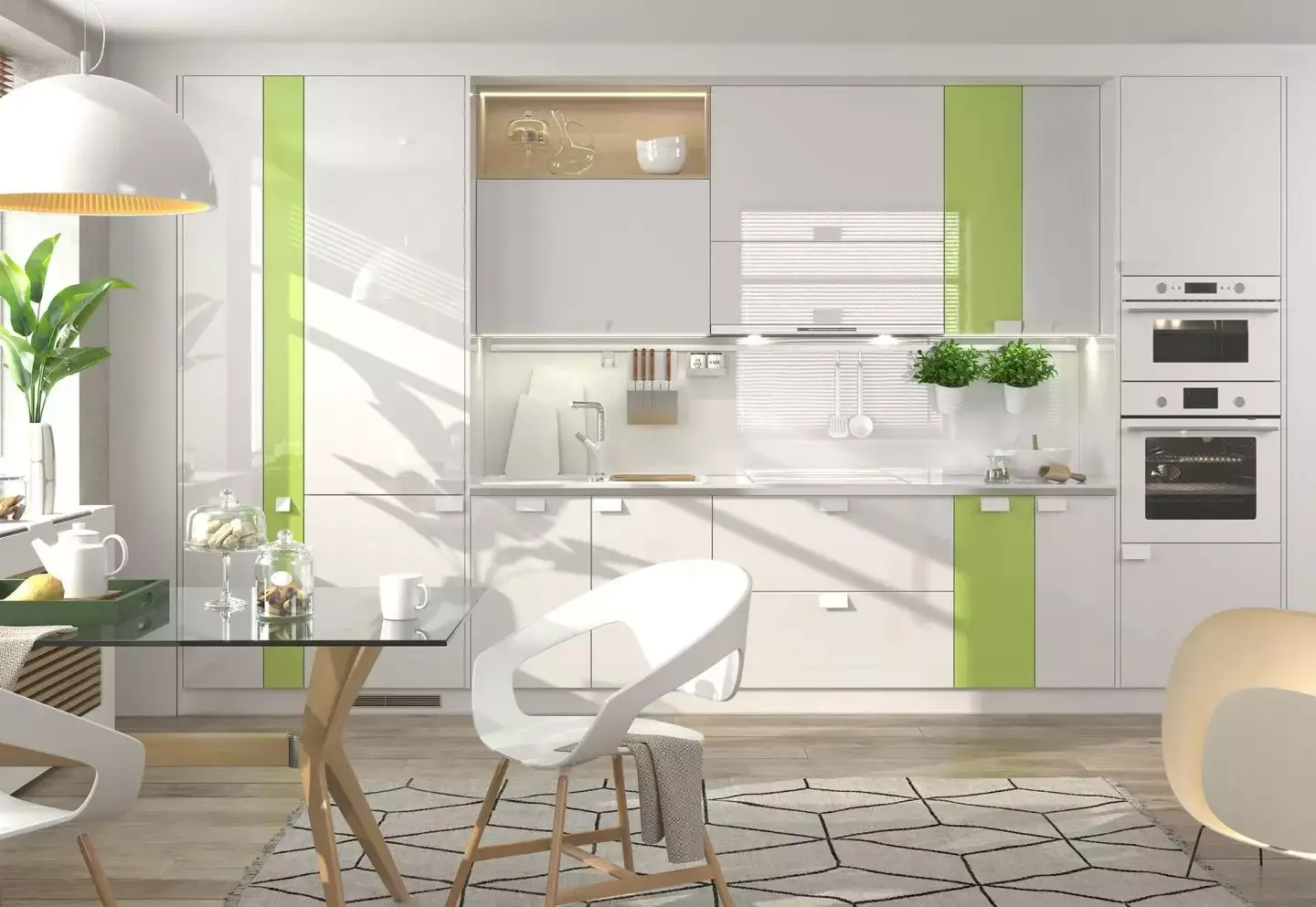белая кухня с зелеными акцентами 