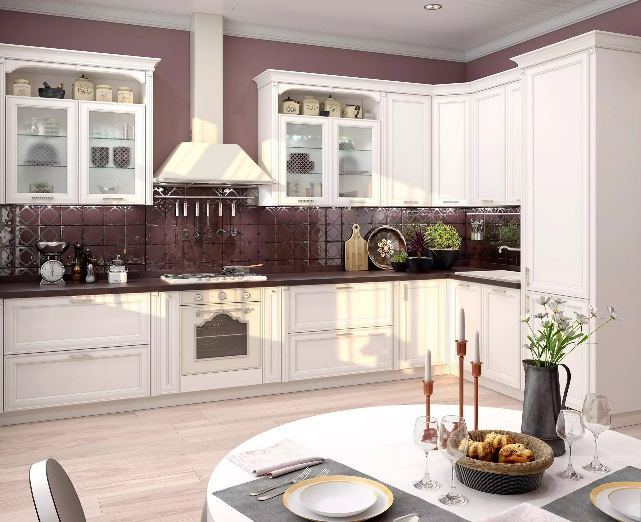 классическая кухня бело-розовая