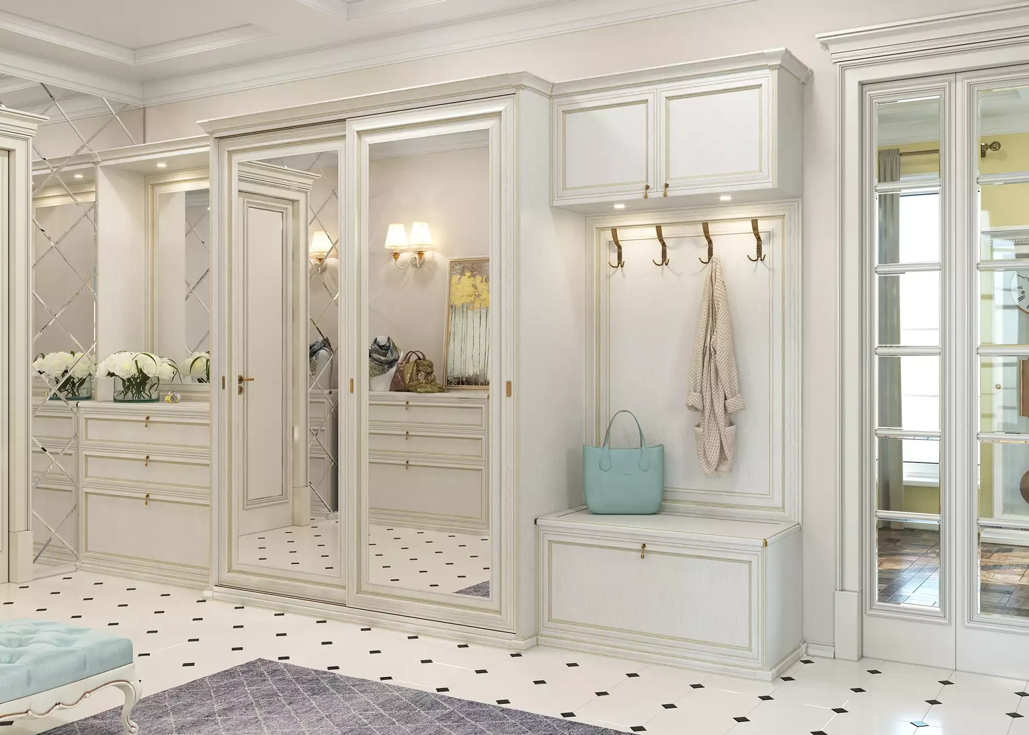 дизайн белой прихожей в классическом стиле