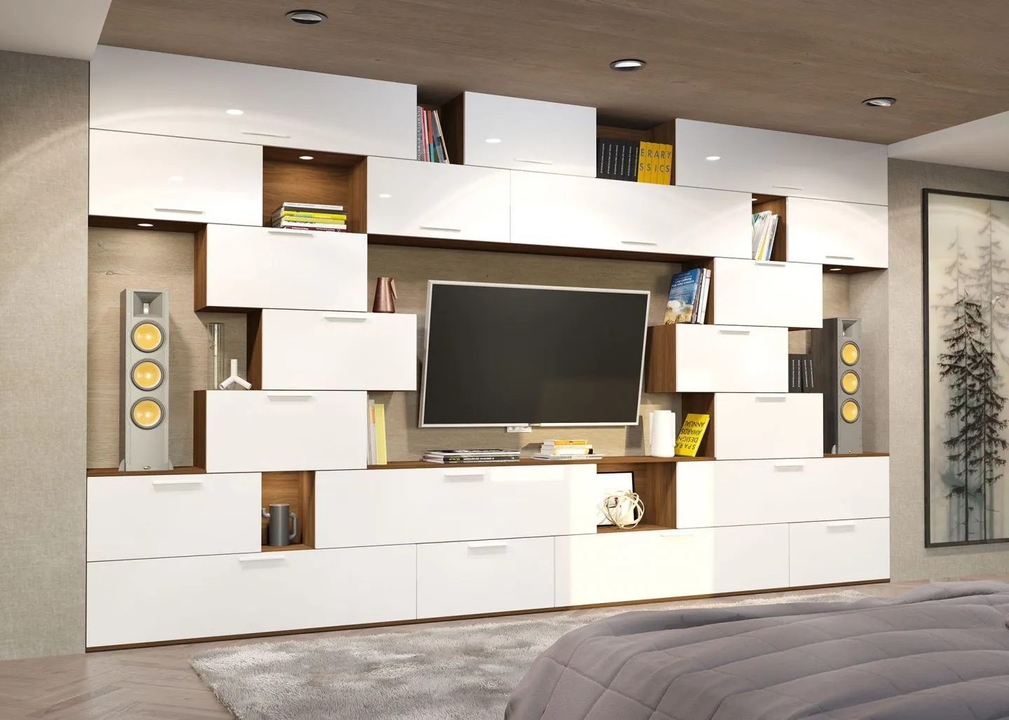 белая глянцевая стенка в гостиной