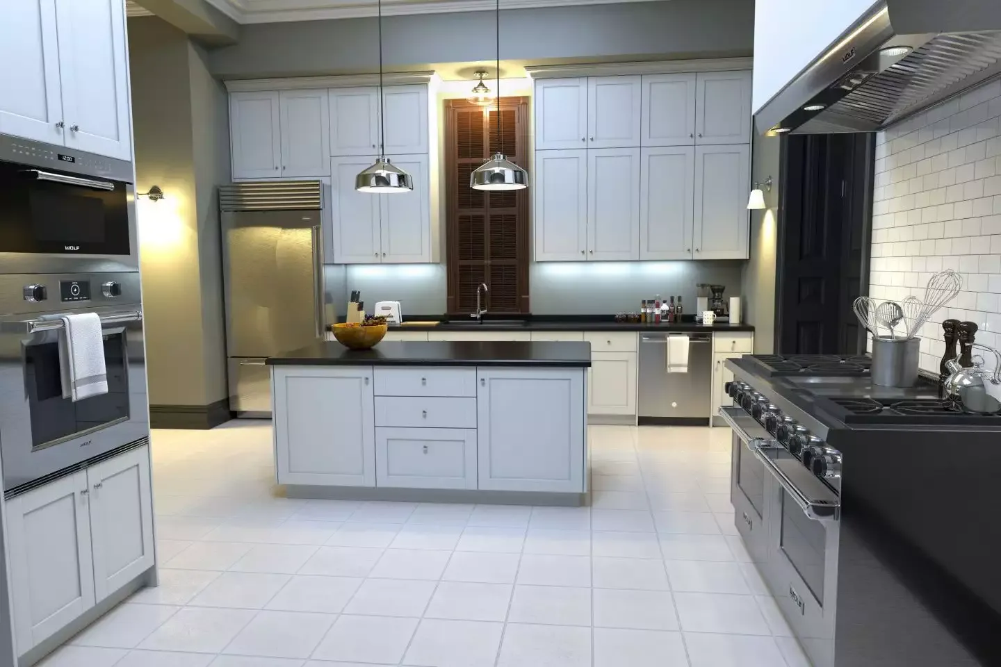 интерьер белой кухни с темной столешницей