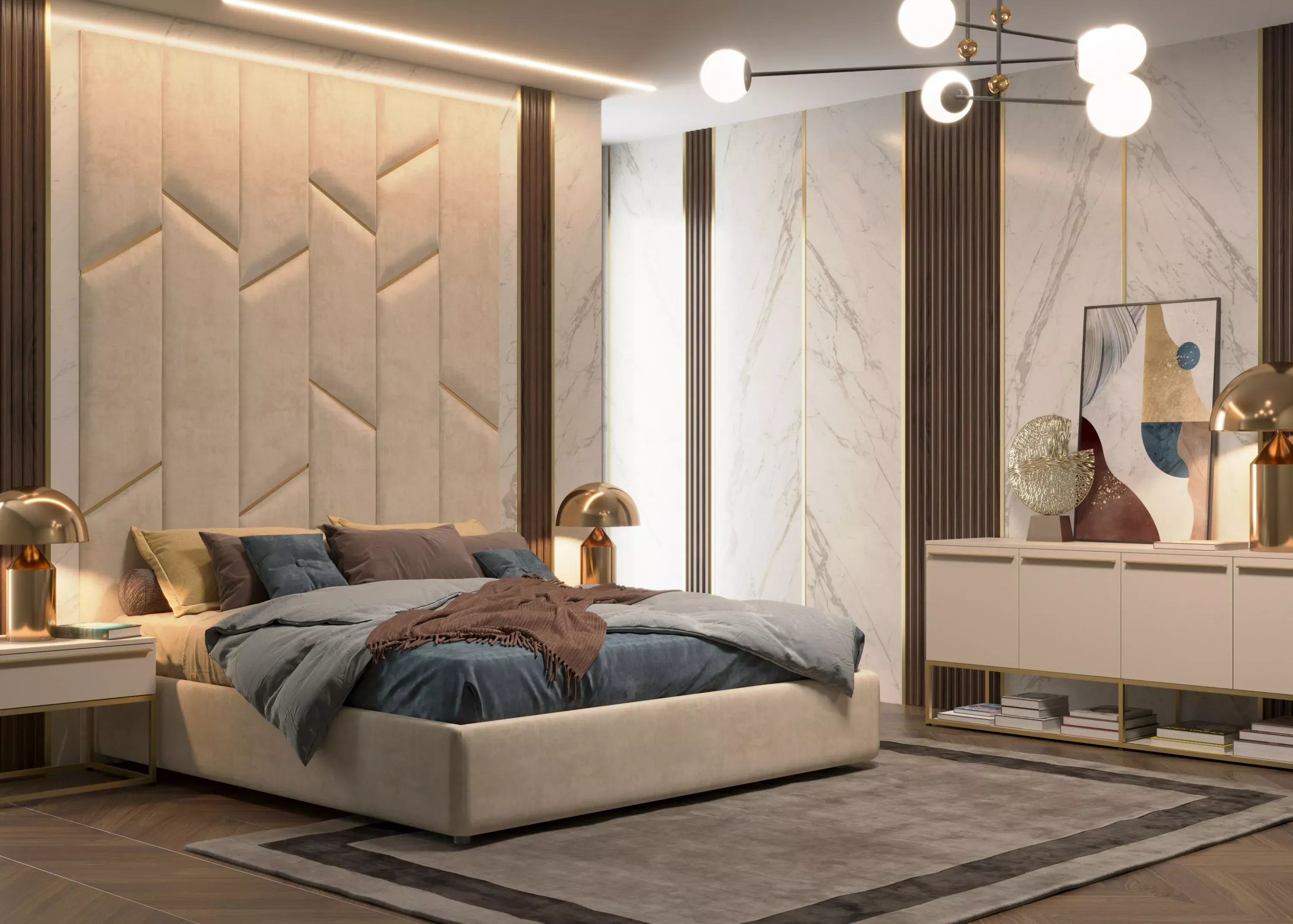 Мягкие стеновые панели в спальню Art Design, бежевые (арт. 074), мебель на заказ MrDoors
