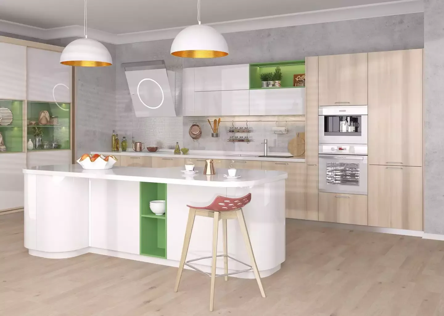  кухня в светлых тонах с островом