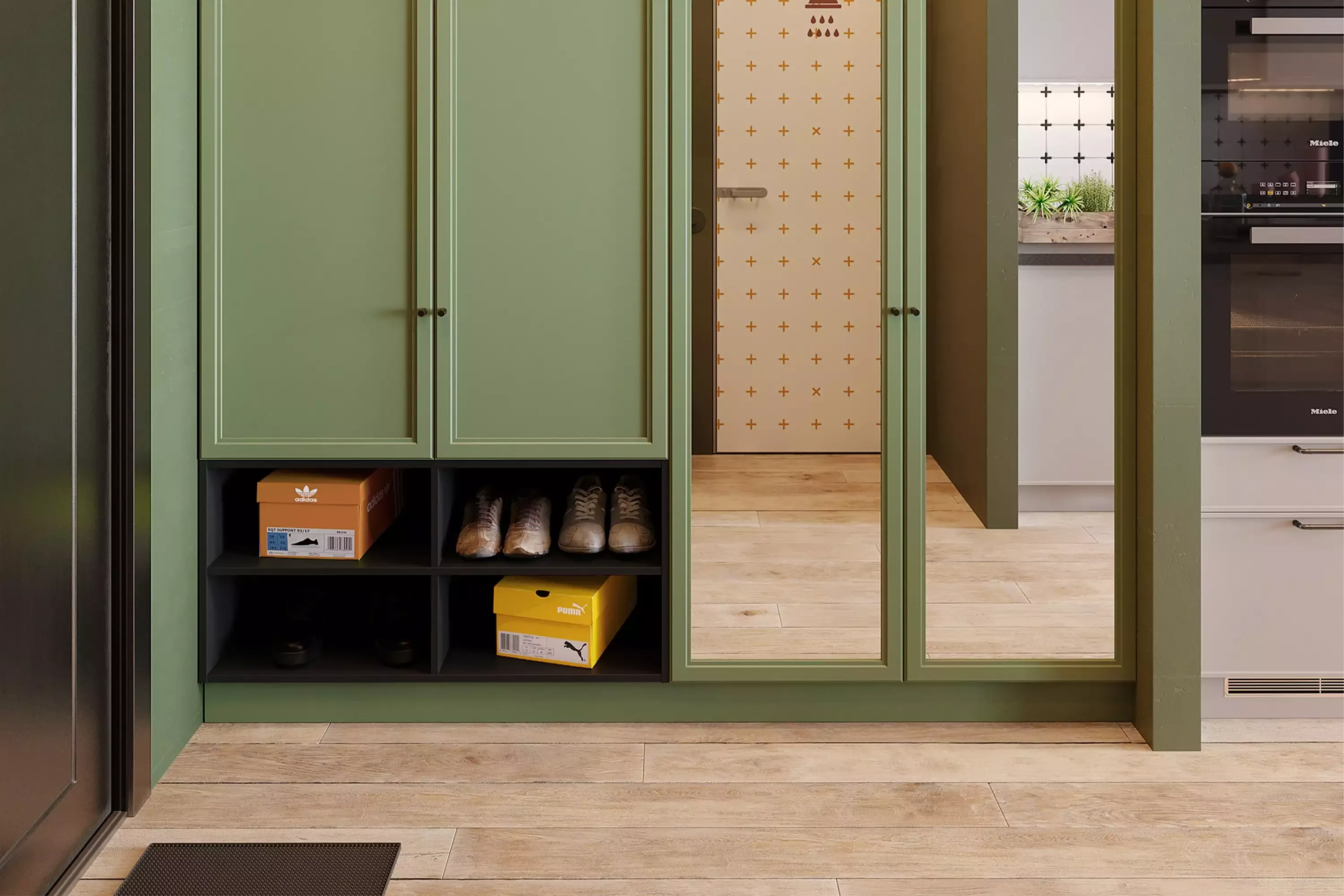 Фото зеленой прихожей с распашным шкафом, мебель на заказ MrDoors