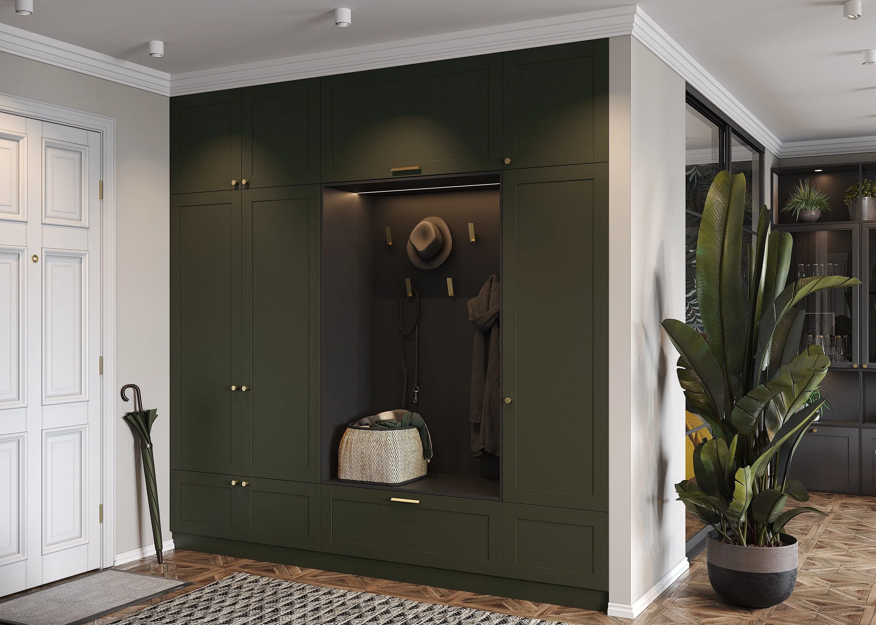 Зеленая прихожая из ДСП со встроенным шкафом, мебель на заказ MrDoors