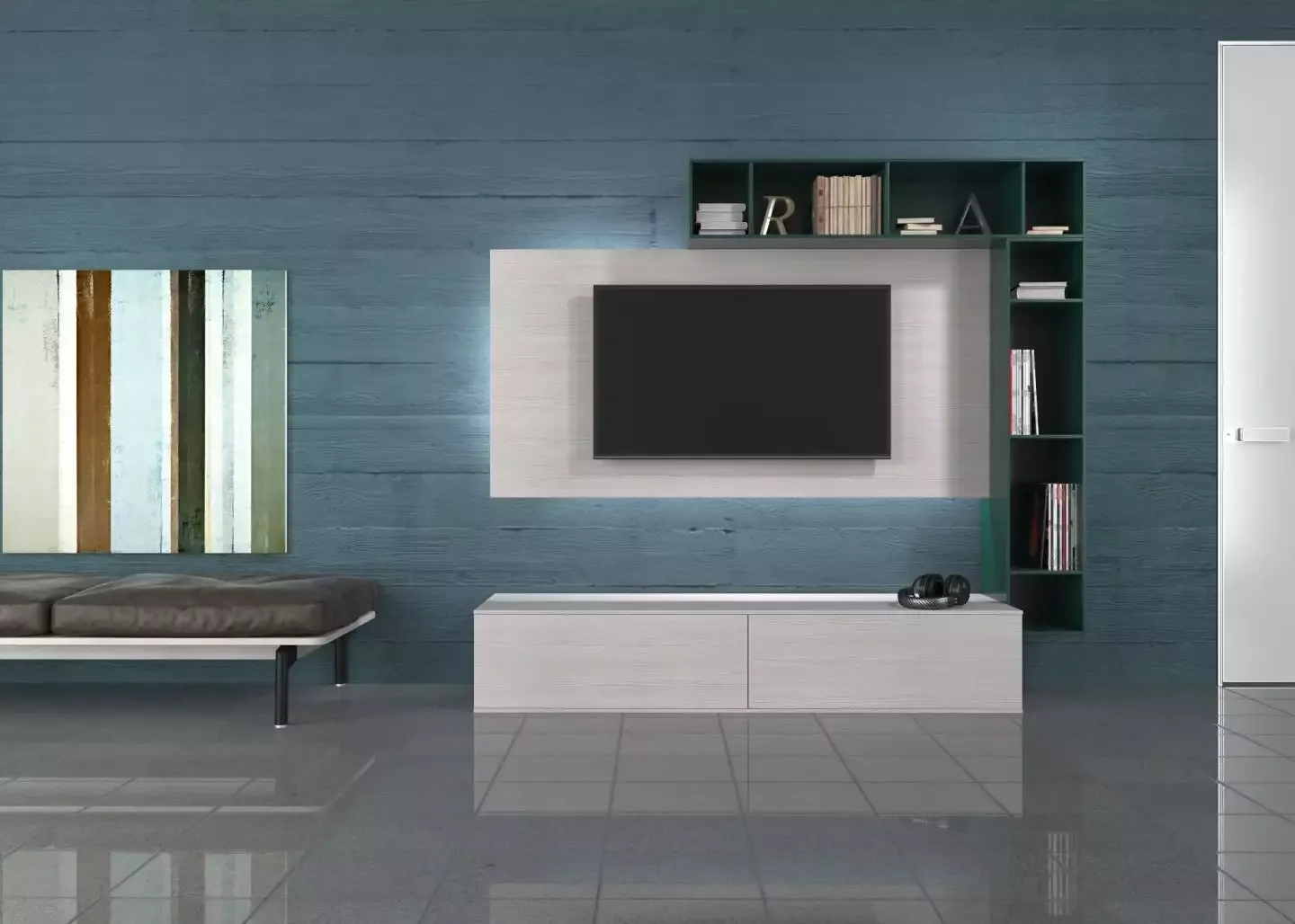 Светлый модуль для гостиной с зоной тв, мебель на заказ MrDoors