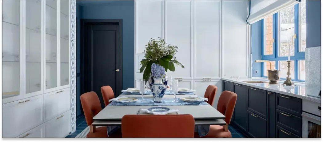 Кухня-гостиная в цветах гжели с мебелью Mr.Doors