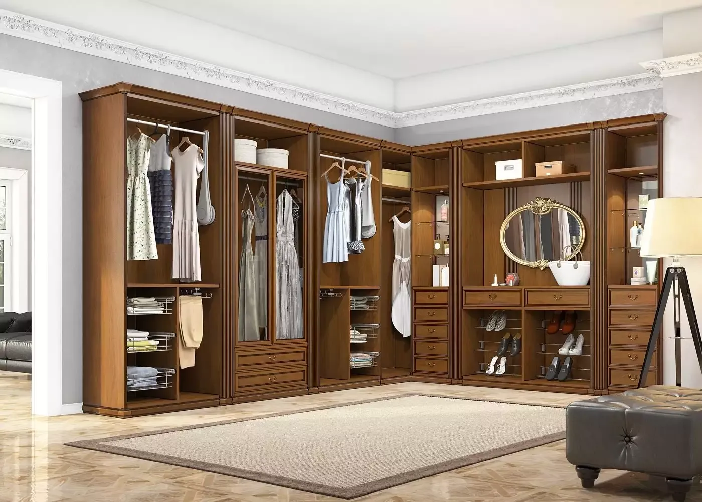 угловая гардеробная комната, дизайн проект