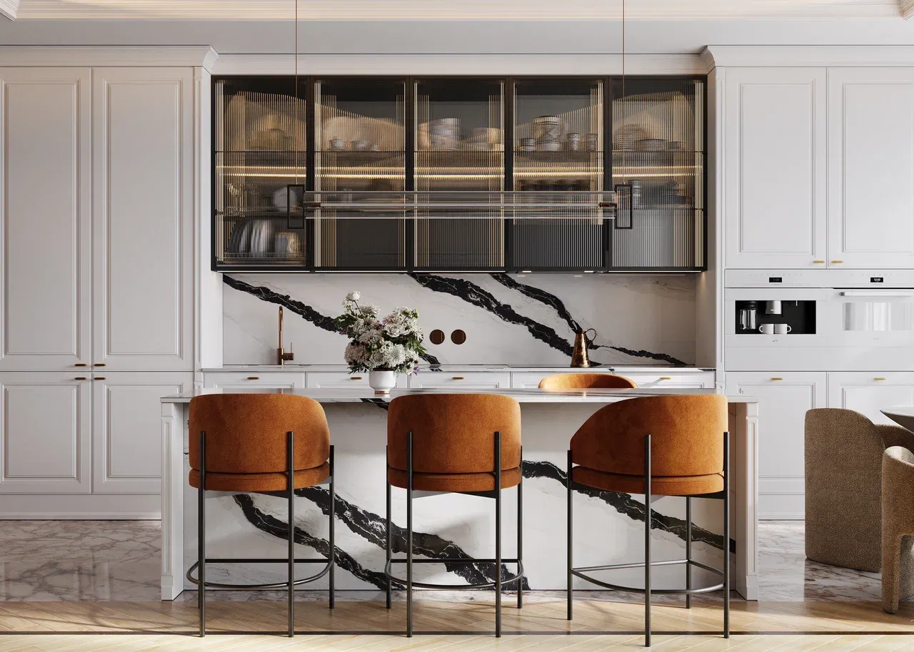 Кухня с островом с кварцевой столешницей (арт. Kit455), мебель на заказ MrDoors