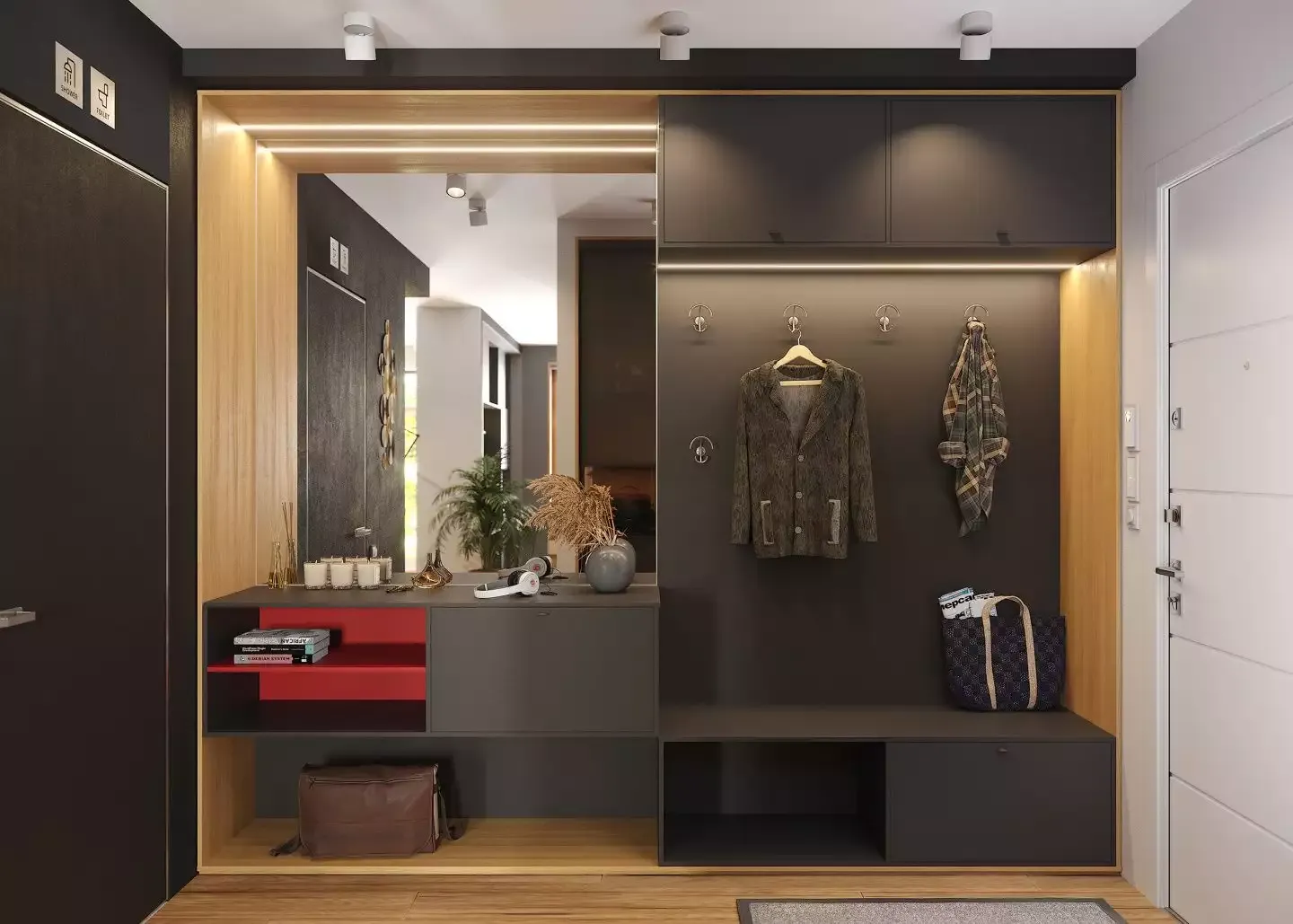Серая прихожая с яркими акцентами, мебель на заказ MrDoors