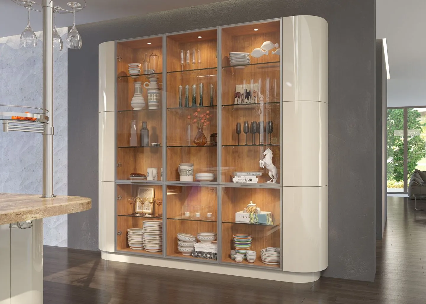 радиусный шкаф в интерьере гостиной