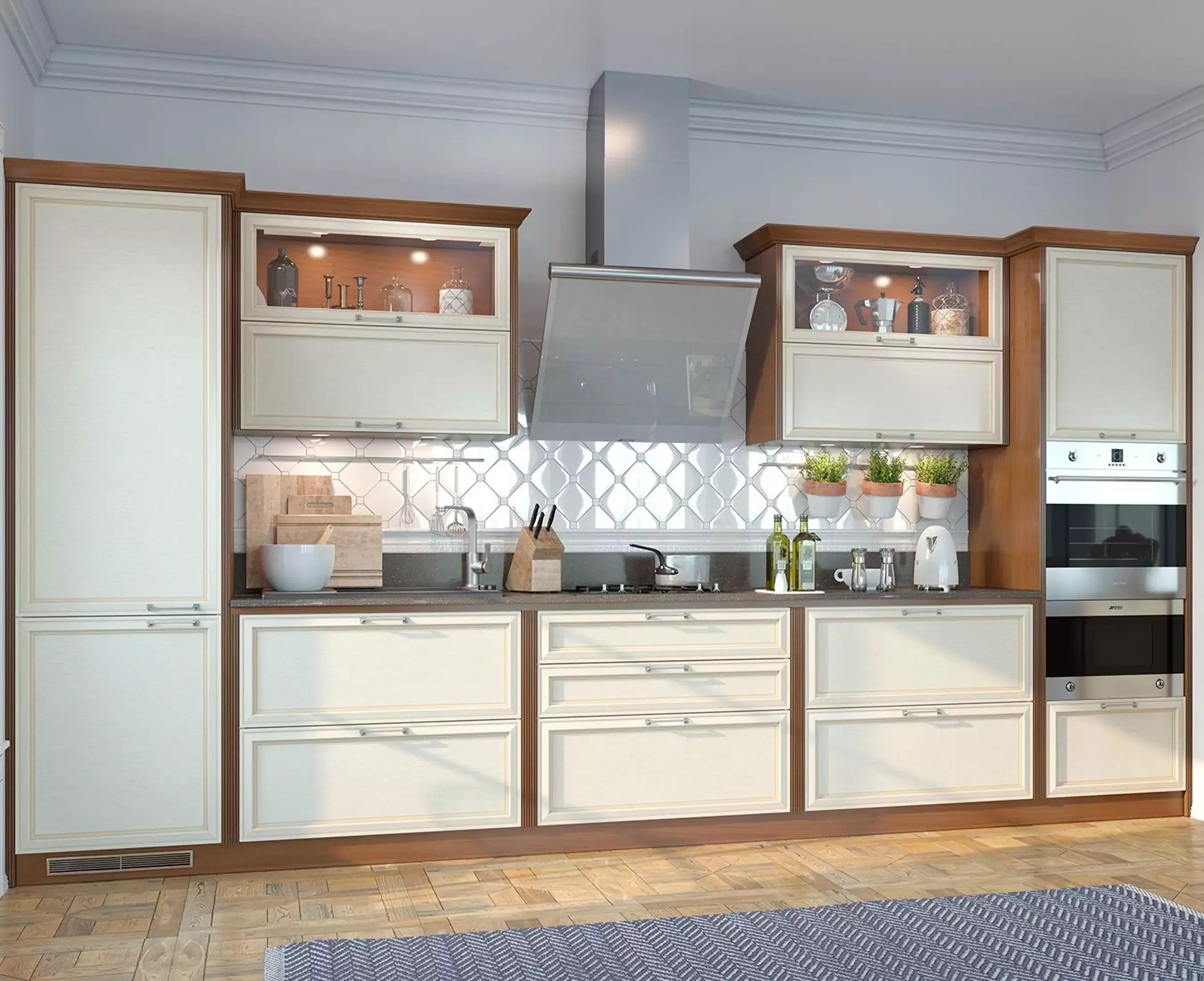 бело-коричневая классическая кухня