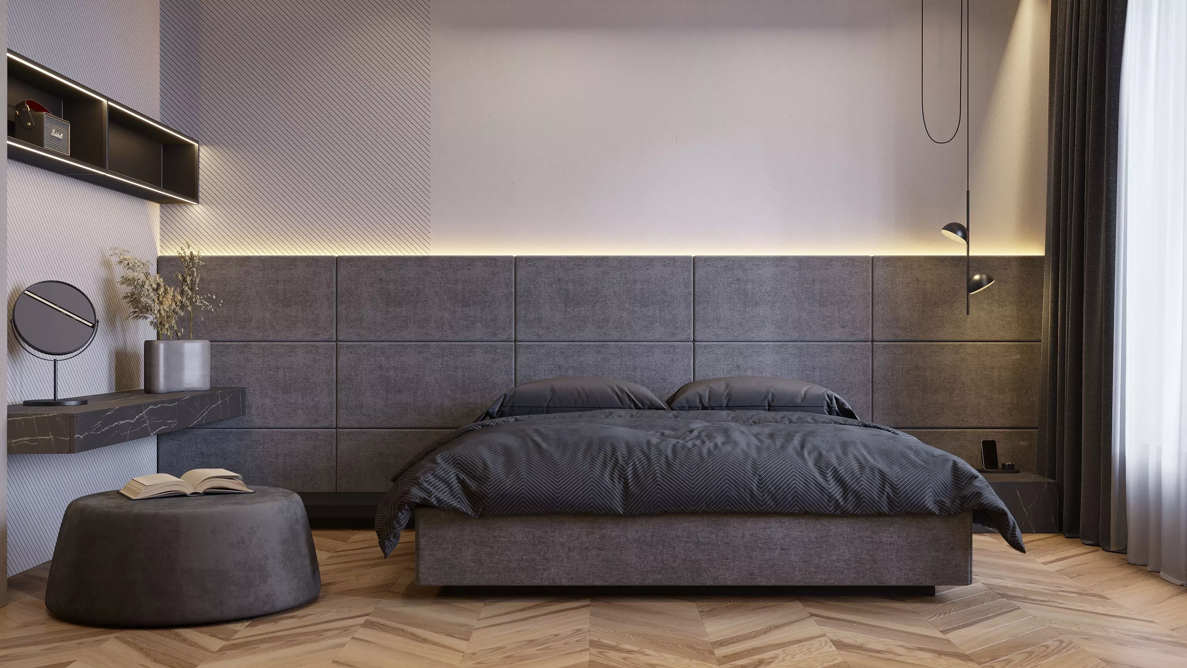 Мягкие стеновые панели в спальню Art Design, серые (арт. 112)