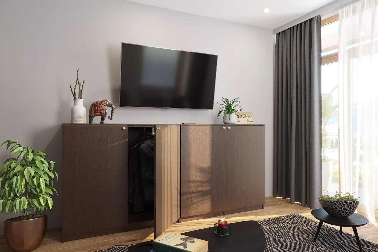 Маленькая гостиная в коричневых тонах, мебель на заказ MrDoors