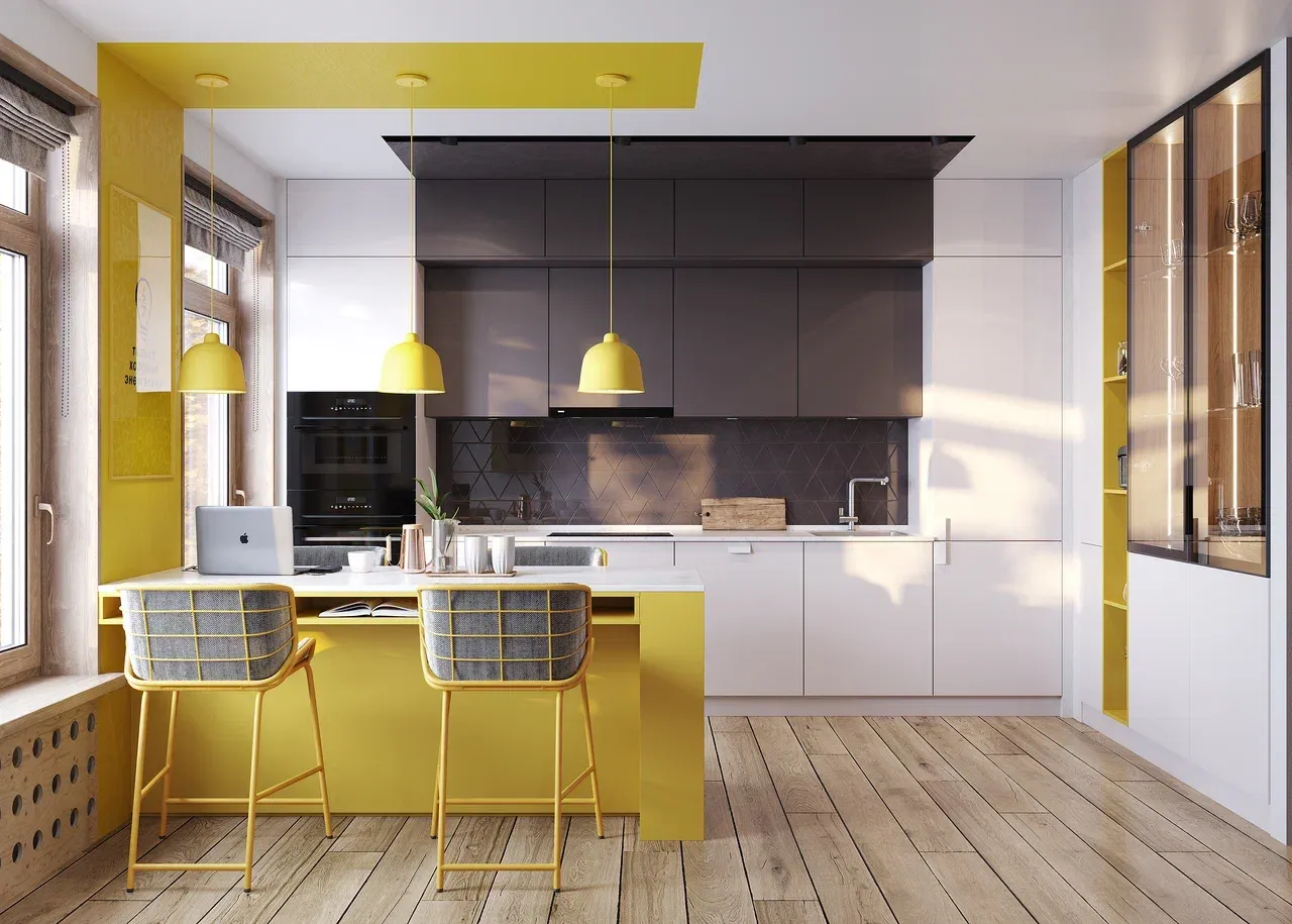 Солнечная кухня с островом, мебель на заказ MrDoors