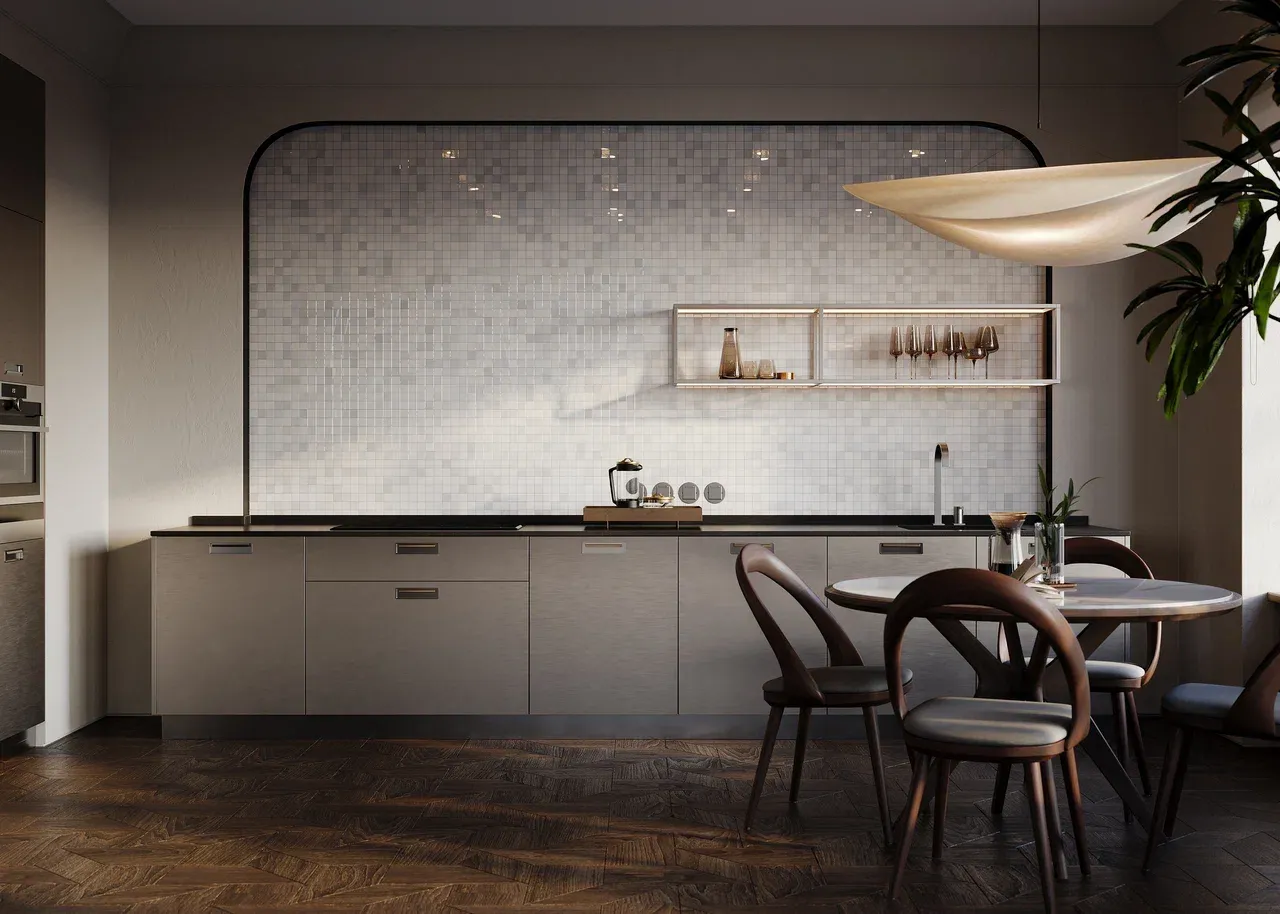 Кухня прямая со столешницей из акрилового камня (арт. Kit446), мебель на заказ MrDoors