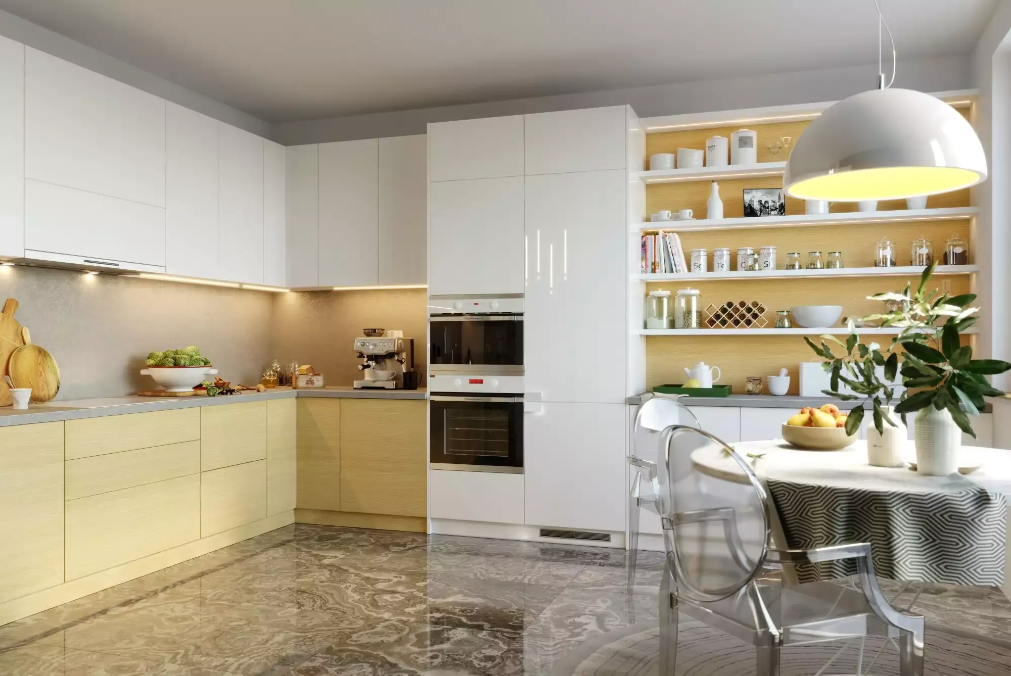 бело-желтая угловая кухня с глянцевыми фасадами