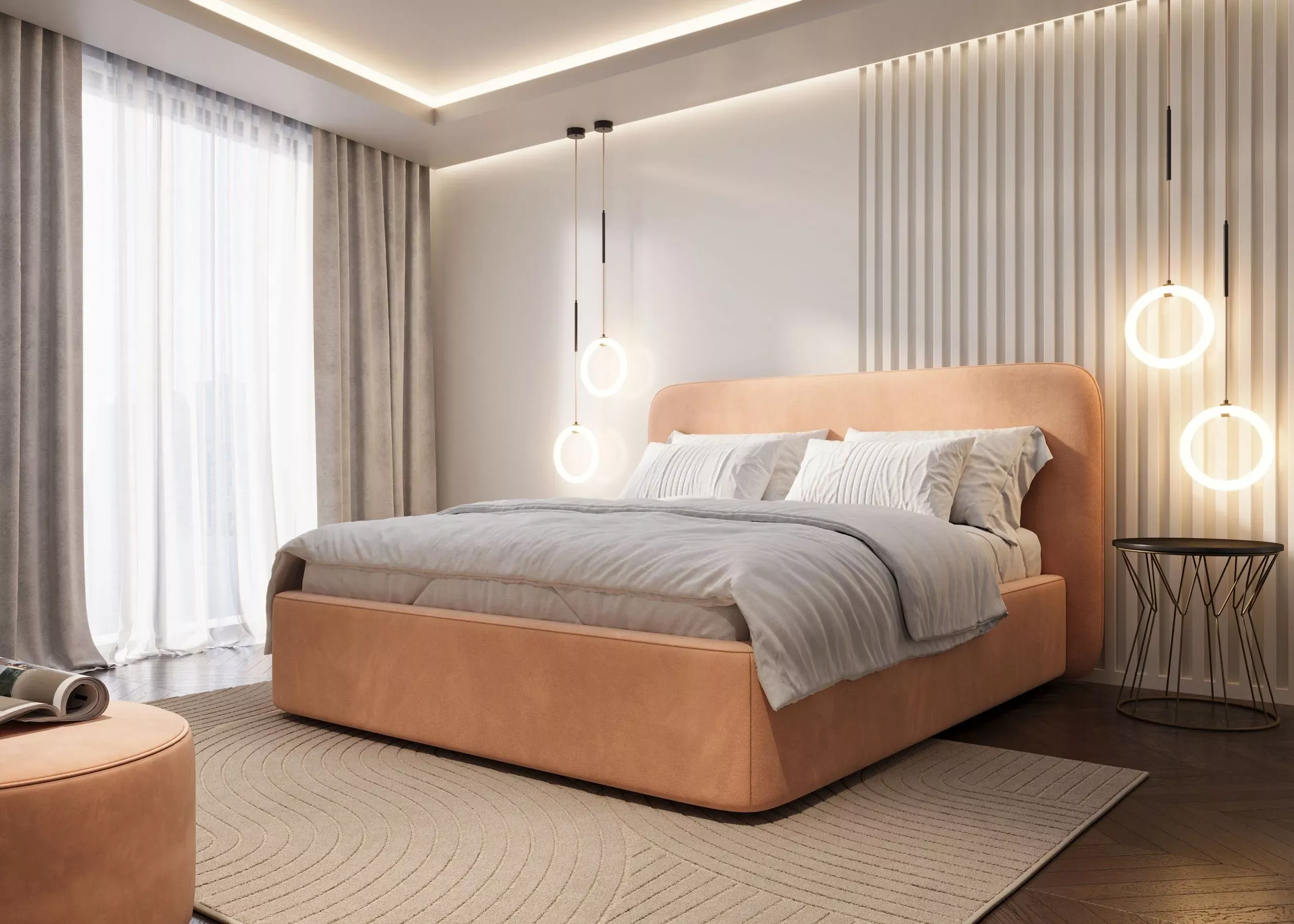 Спальня с кроватью Uno, оранжевая, c основанием Portu (арт. Bdr123), мебель на заказ MrDoors