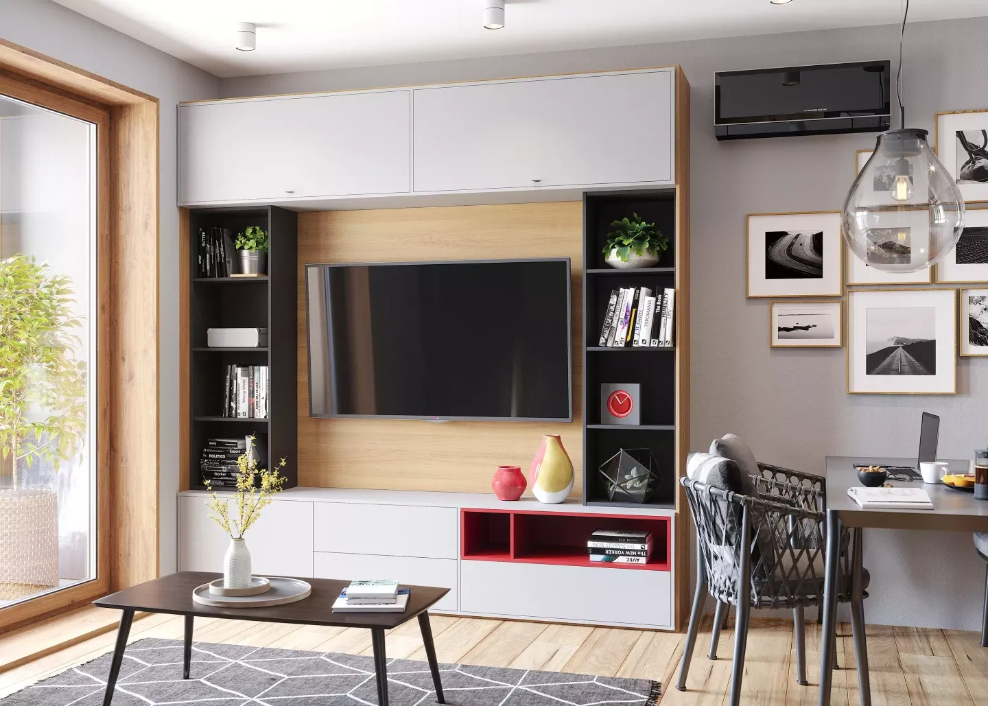 фото дизайна гостиной с красными акцентами, мебель на заказ MrDoors