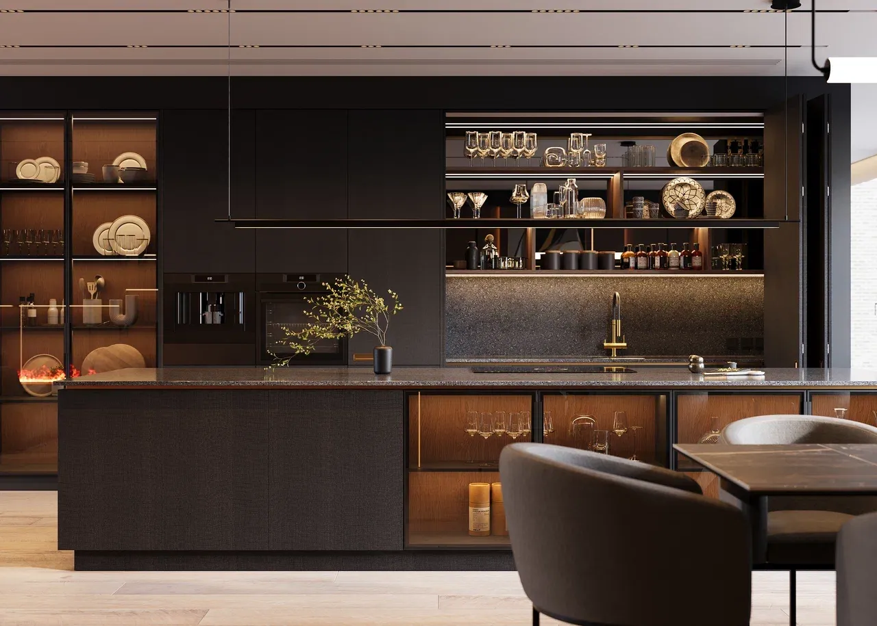 Кухня с островом и столешницей из акрилового камня (арт. Kit447), мебель на заказ MrDoors