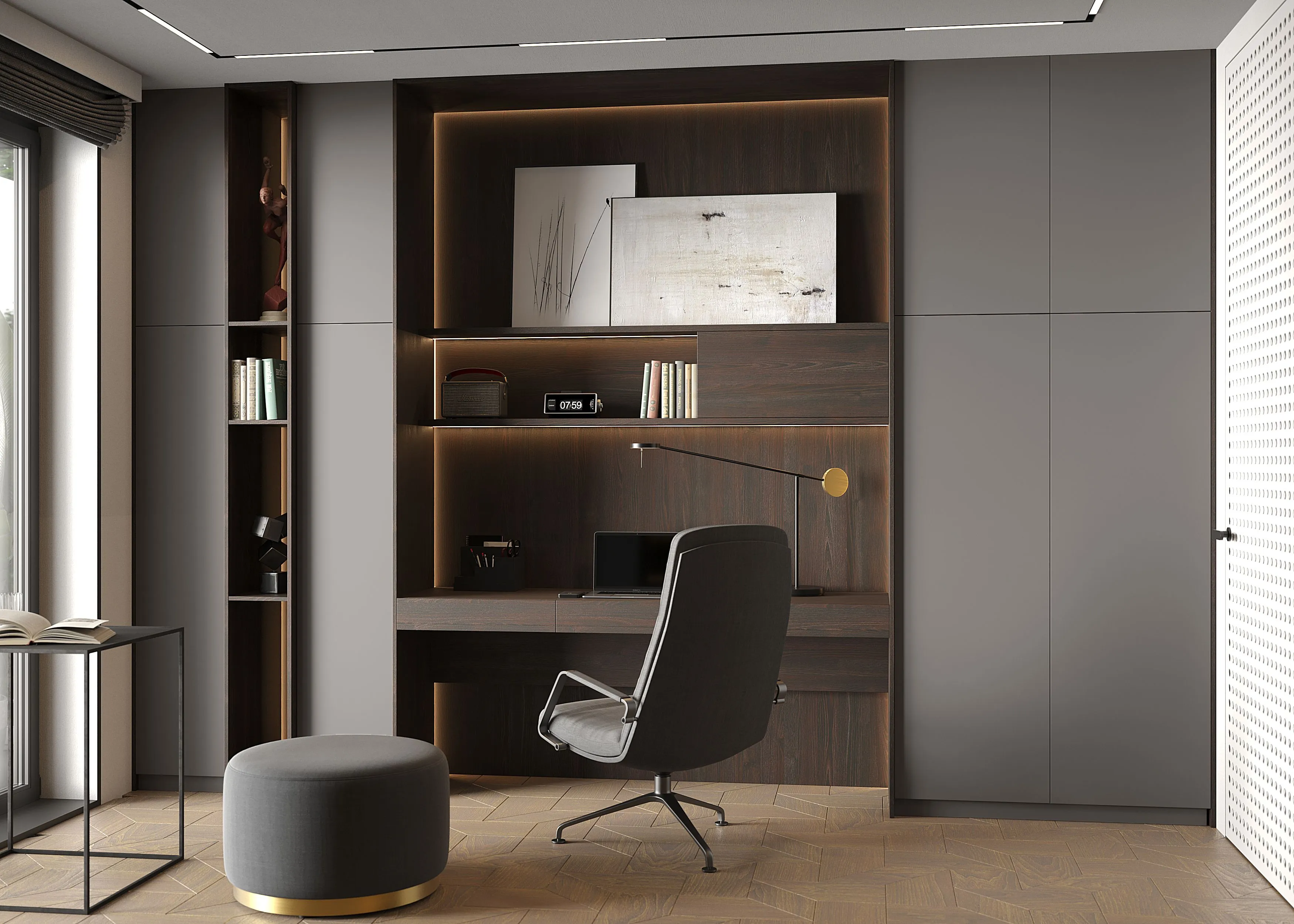 Кабинет с матовыми фасадами, темный (арт. St117), мебель на заказ MrDoors