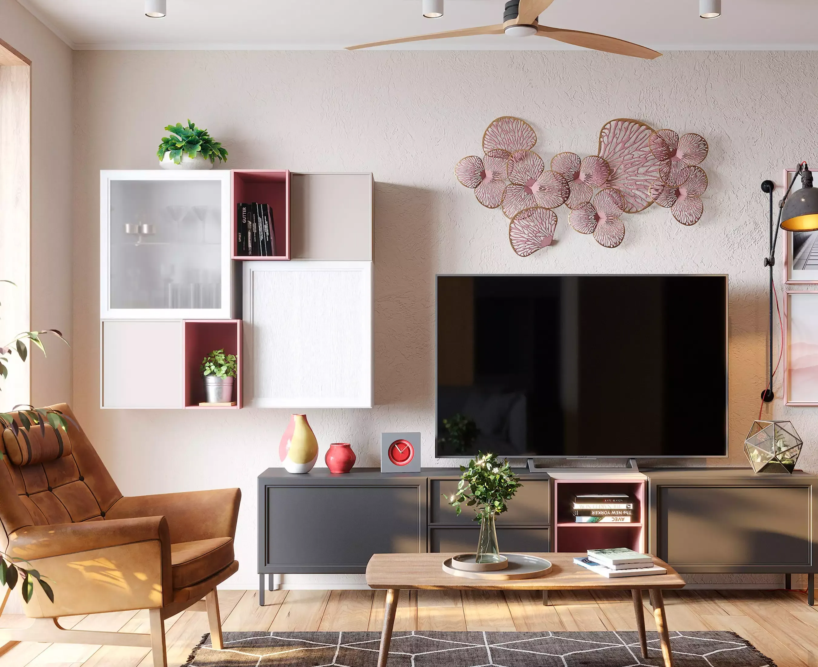 гостиная в серо розовых тонах, мебель на заказ MrDoors