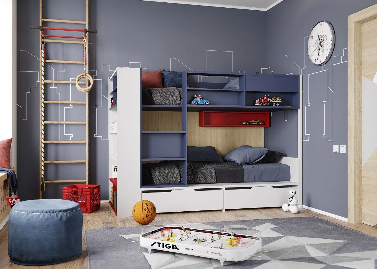 Дизайн, детской комнаты для 2 школьников мальчиков с двухъярусной кроватью и рабочим местом, мебель на заказ MrDoors