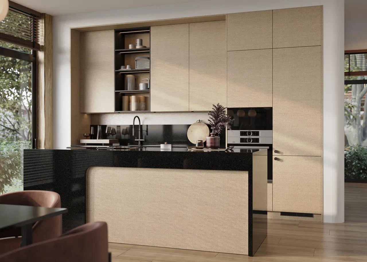 Кухня с островом и столешницей из акрилового камня (арт. Kit442), мебель на заказ MrDoors