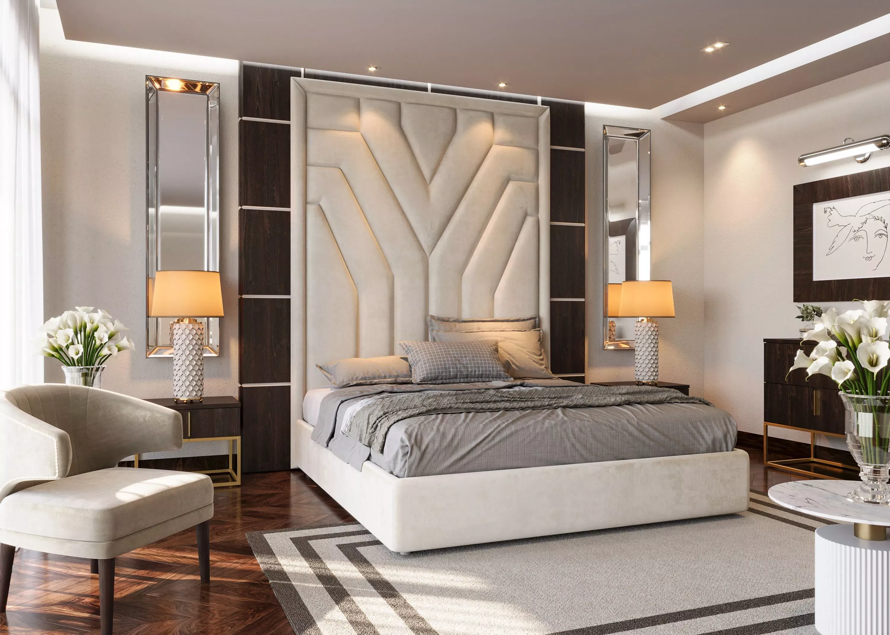 Мягкие стеновые панели в спальню Manarola M, белые (арт. 079)