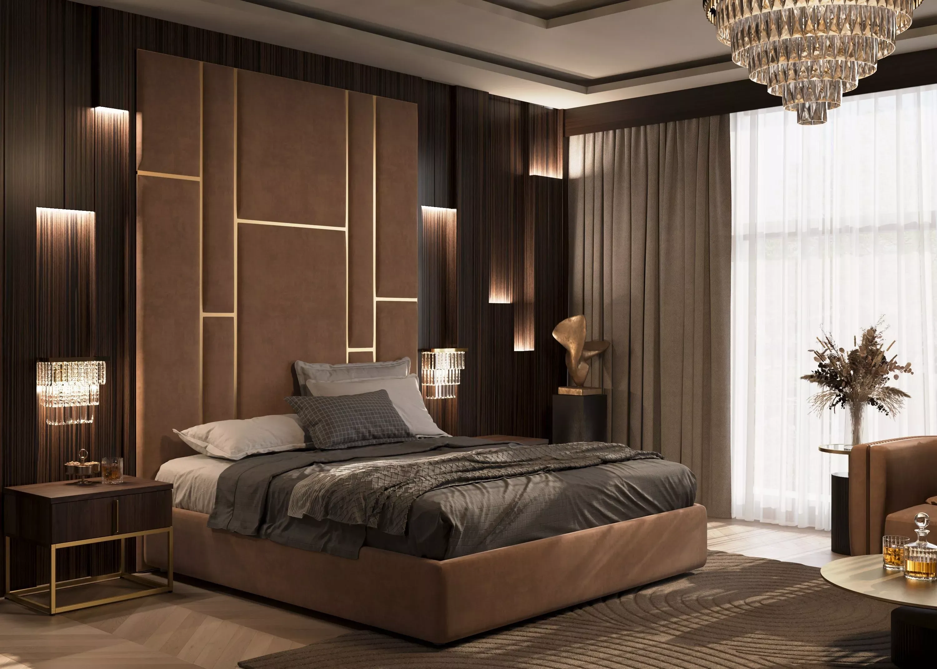 Мягкие стеновые панели в спальню Art Design, коричневые (арт. 075)