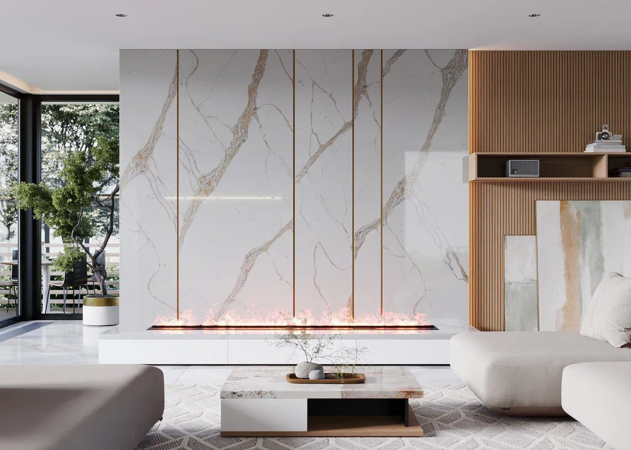 Гостиная с кварцелановыми стеновыми панелями (арт. Lvr298), мебель на заказ MrDoors
