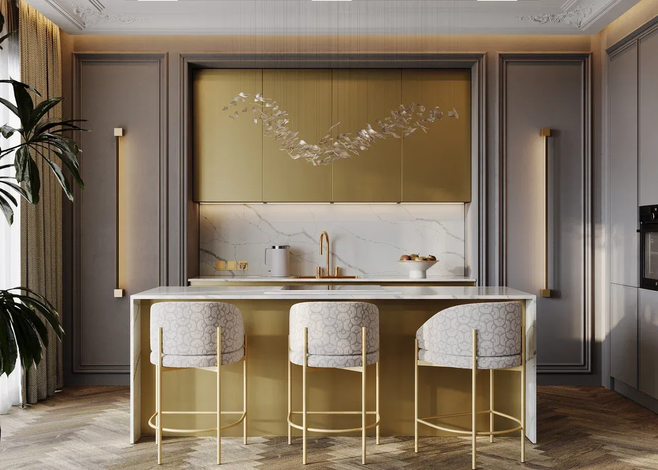 Кухня с кварцевой столешницей в стиле неоклассика (арт. Kit458), мебель на заказ MrDoors