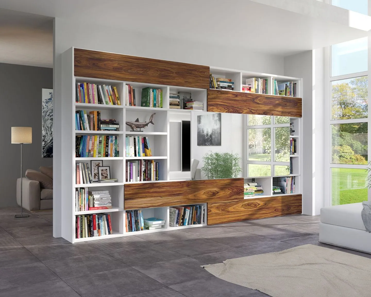 книжные полки в интерьере гостиной