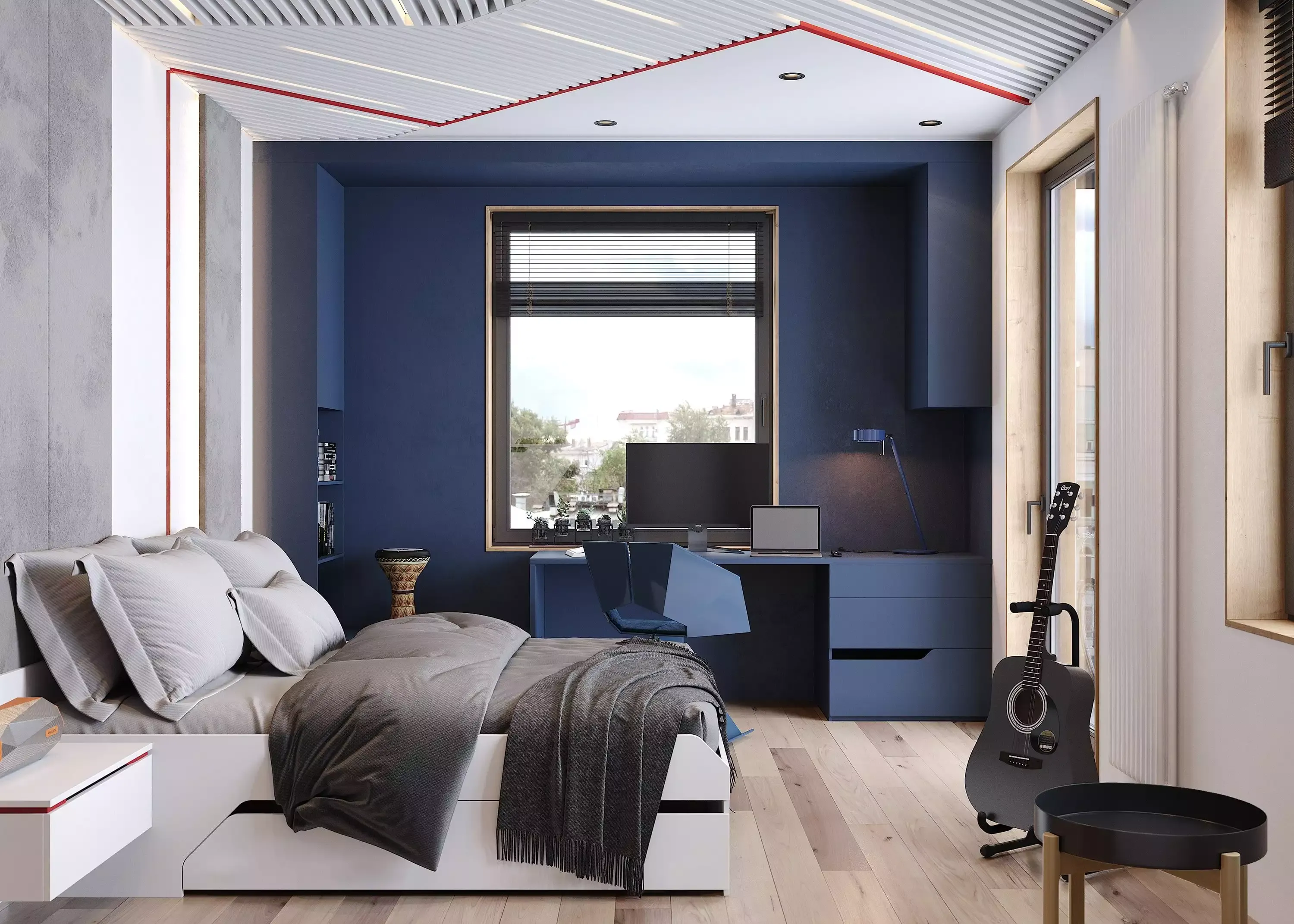 Мебель для комнаты подростка в бело-синих цветах, мебель на заказ MrDoors