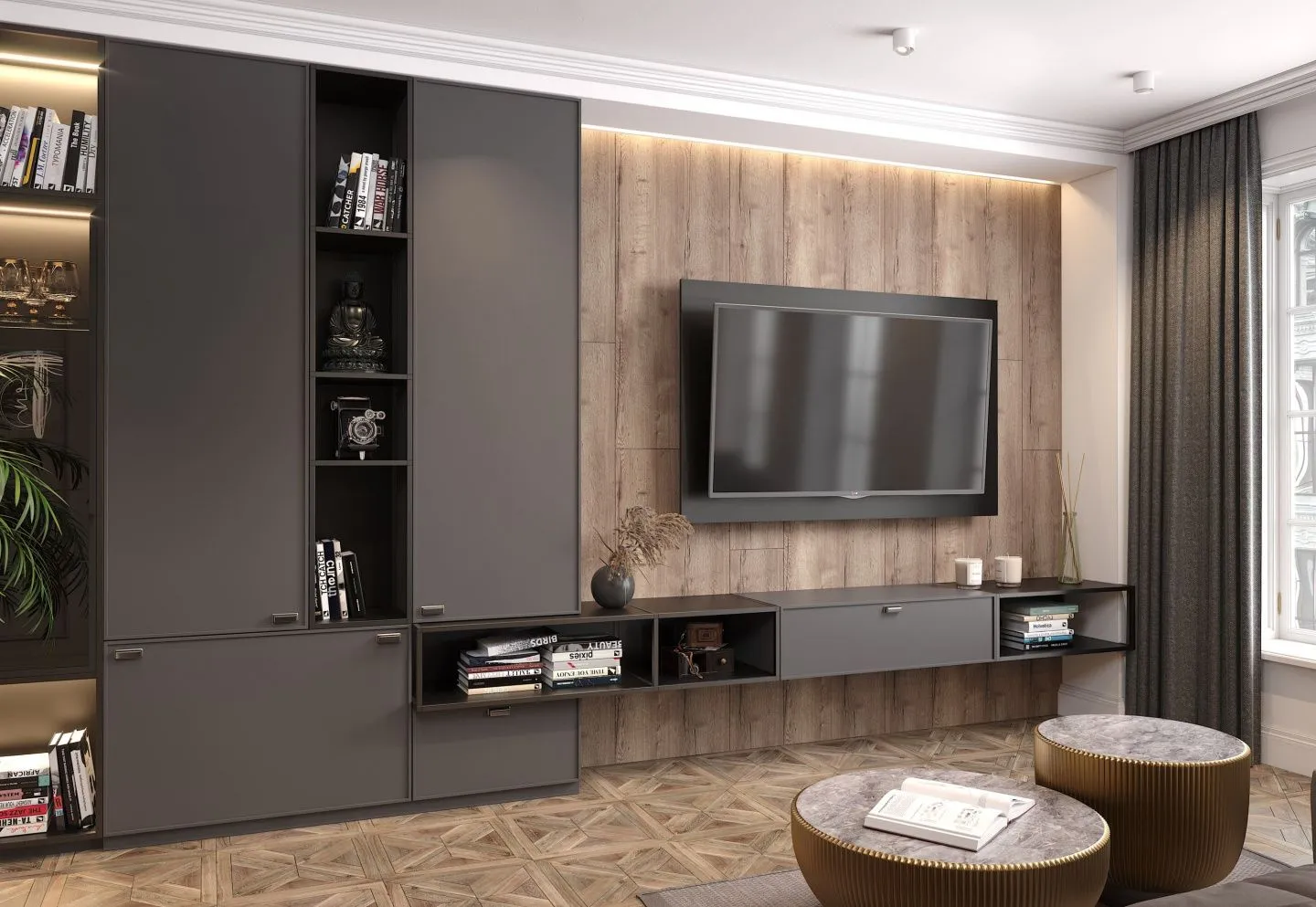 Гостиная с подвесными металлическими модулями Графит, мебель на заказ MrDoors