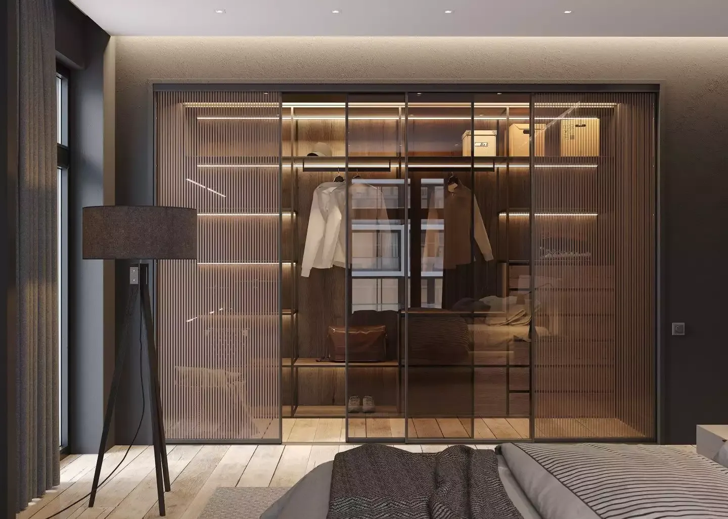 Фото гардеробной с зеркальными раздвижными дверями, мебель на заказ MrDoors