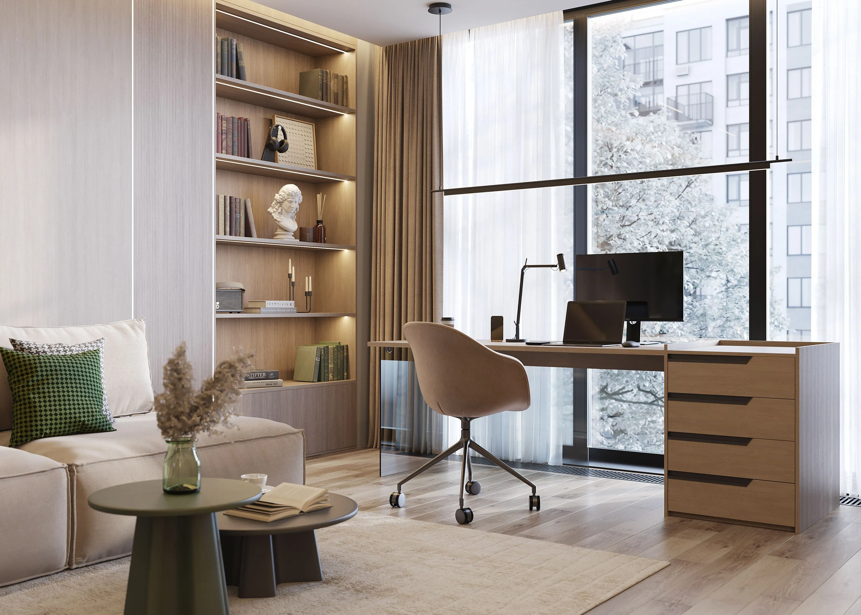 Кабинет со стеновой панелью с подсветкой (арт. St116), мебель на заказ MrDoors