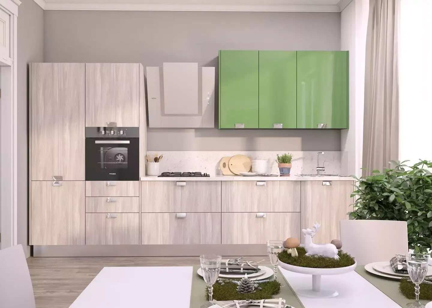 дизайн кухни с зелеными фасадами