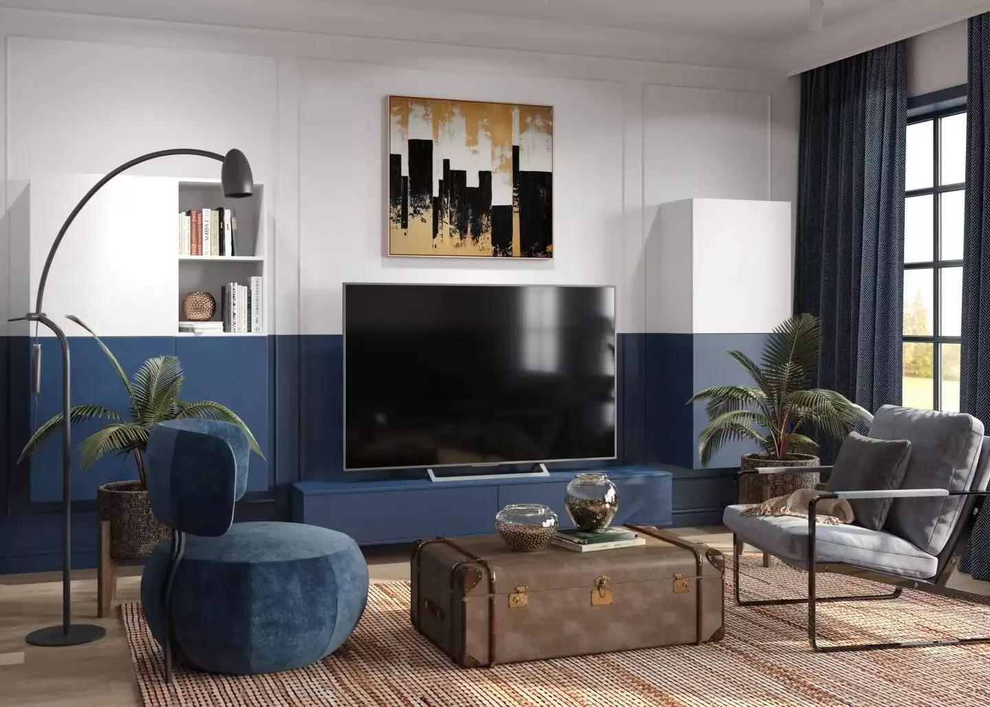 Сине-белая гостиная color blocking, мебель на заказ MrDoors